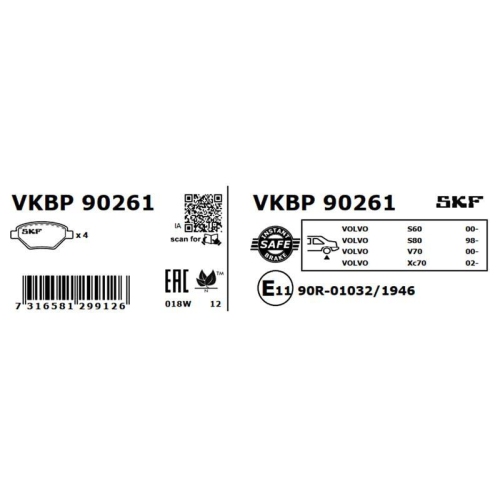 Bremsbelagsatz, Scheibenbremse SKF VKBP 90261 für VOLVO, Hinterachse