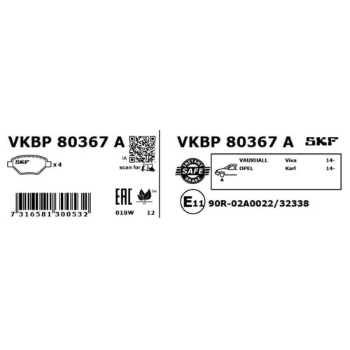 Bremsbelagsatz, Scheibenbremse SKF VKBP 80367 A für OPEL VAUXHALL, Vorderachse