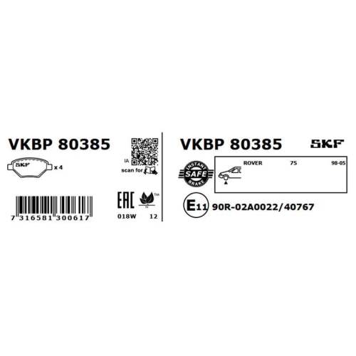 Bremsbelagsatz, Scheibenbremse SKF VKBP 80385 für MG ROVER, Vorderachse