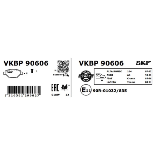 Bremsbelagsatz, Scheibenbremse SKF VKBP 90606 für ALFA ROMEO AUDI FIAT LANCIA VW