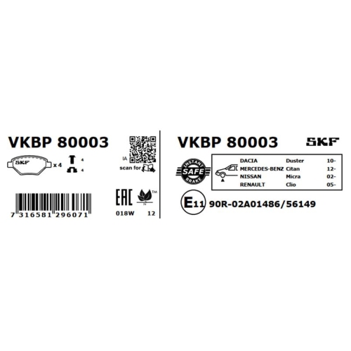 Bremsbelagsatz, Scheibenbremse SKF VKBP 80003 für LADA NISSAN RENAULT DACIA