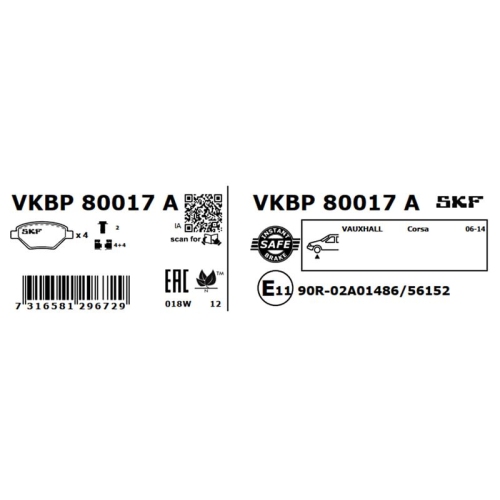 Bremsbelagsatz, Scheibenbremse SKF VKBP 80017 A für FIAT OPEL VAUXHALL PROTON