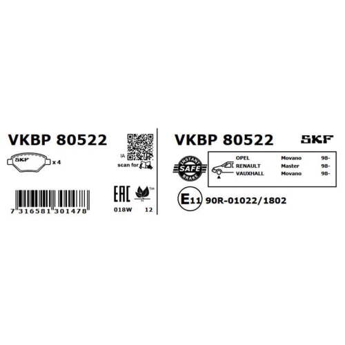 Bremsbelagsatz, Scheibenbremse SKF VKBP 80522 für OPEL RENAULT VAUXHALL