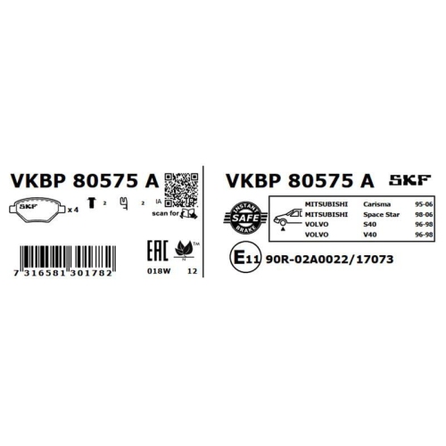 Bremsbelagsatz, Scheibenbremse SKF VKBP 80575 A für MITSUBISHI VOLVO PROTON