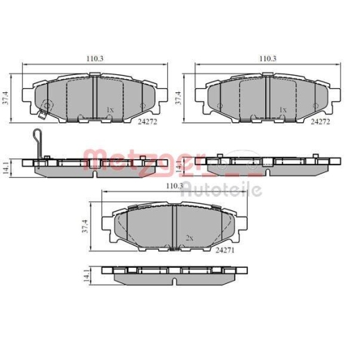 Bremsbelagsatz, Scheibenbremse METZGER 1170861 für SUBARU TOYOTA, Hinterachse