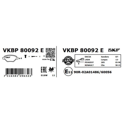 Bremsbelagsatz, Scheibenbremse SKF VKBP 80092 E für PEUGEOT RENAULT DACIA