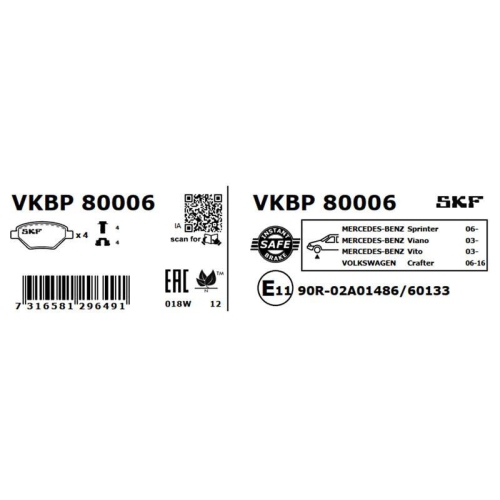 Bremsbelagsatz, Scheibenbremse SKF VKBP 80006 für AUDI MERCEDES-BENZ SEAT SKODA