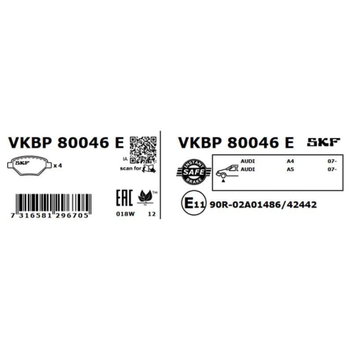 Bremsbelagsatz, Scheibenbremse SKF VKBP 80046 E für AUDI SEAT SKODA VW