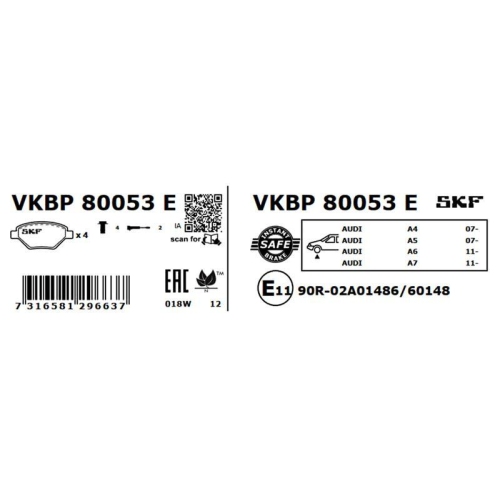 Bremsbelagsatz, Scheibenbremse SKF VKBP 80053 E für AUDI SEAT SKODA VW VAG