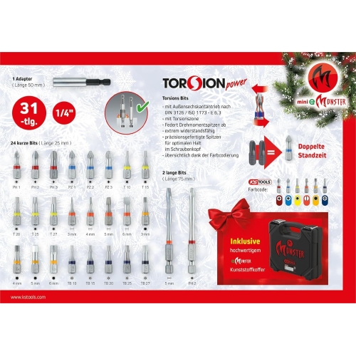 KS Tools 515.6699 Adventskalender mit Mini-Akkuschrauber-Satz und Bits, 31-tlg